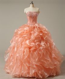 2019 New Sexy Coral Ball Gowns Quinceanera Dresses With Beads Crystals Lace Up Sweet 16 Dresses 15 Year Prom Gowns Stock 2-16 QS1041