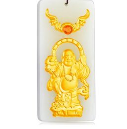 Gold inlaid jade white rectangle bag Buddha (talisman) necklace pendant (purdue beings)