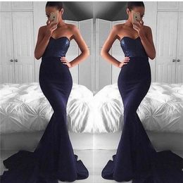 Cheap Sexy Navy Blue Mermaid Long Prom Dress Backless Satin Sequined Sweep Train Formal Evening Party Gown Custom Made Plus Size