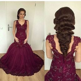 Dresses Bur Mermaid Evening Style Deep V-neck Sleeveless Prom Back Zipper Sweep Train Tiered Ruffle Formal Party Gowns Custom Made