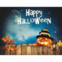 Happy Halloween Backdrop Night Party Banner Dark Blue Sky Glitter Stars Moon Pumpkin Lantern with Hat Maple Leaf Backgrounds Wooden Board