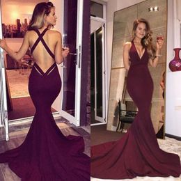 Sexy Burgundy Evening Dressess Mermaid Red Carpet Inspired Prom Dresses Evening Wear Deep V Neck Criss Cross Backless Sleeveless Formal Wear