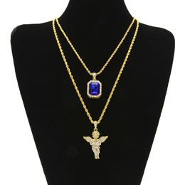 Iced Out Ruby Necklace Set Brand Micro Ruby Angel Jesus Wing Pendant Hip Hop Necklace Male Jewellery Wholesale