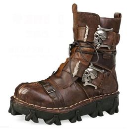 Plus Größe Mode Rindsleder Echtes Leder Militär Uniform Stiefel Gothic Schädel Punk Martin Plattform Mid-kalb Stiefel Steampunk Schuhe 15#D5