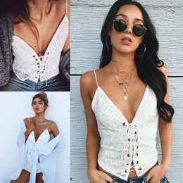 white crop tank Canada - 2017 Women Kits Tank Top Sexy Black White Deep V-neck Spaghetti Straps Lace Up Summer Fashion Crop Top camisoles FS1974