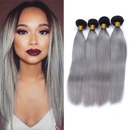 Dunkle Wurzeln Ombre Brasilianisches Virign Haar 4 Bundles Two Tone 1b Grau Ombre Gerade Menschliches Haar Spinnt 4 Stucke Los Grau Haarverlangerungen