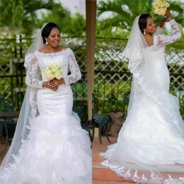 Plus Size Wedding Gowns Mermaid Elegant Beaded Lace Long Sleeve Organza Tiered Skirt Bridal Dresses Vestidos De Novia