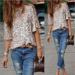 Wholesale- New 2016 Top Lady Tank Womens 3/4 Sleeve Sequin Coctail Party Glitter Sparkle One Shoulder Tops