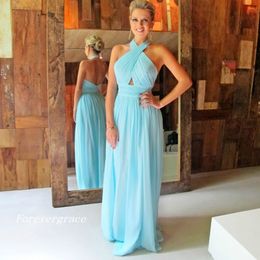 Elegant Ice Blue Long Prom Dress Halter Backless Formal Evening Party Gown Custom Made Plus Size