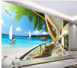 High Quality Customize size Modern Balcony outside the sea coconut TV background wall