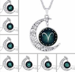 2017 New Fashion Women/Lady/Girl Hollow Moon Time gem Necklace Twelve constellations Glass Pendant Necklace Retro Silver Jewellery
