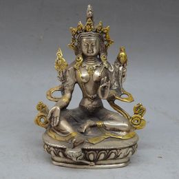 Tibet Buddhism Silver copper Gilt Green Tara Kwan-Yin Bodhisattva Buddha statue