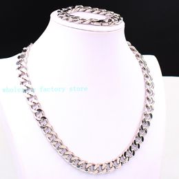 Cool Mens Huge Strong Link 10mm/15mm Wide Silver Cuban Curb Chain Necklace Bracelet Stainless Steel Jewelry Set "U" Shape Clasp