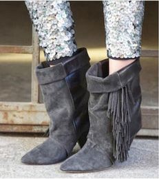 2017 new women tassel boots spike heel ankle booties point toe suede booties dress shoes fringe boots woman
