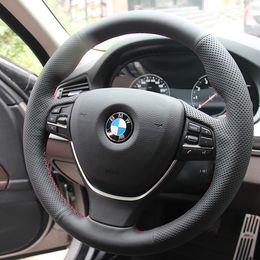 Steering Wheel Covers Case for BMW 730i 535 525i 2014 Genuine Leather Covers DIY Hand-stithed Black Car Covers