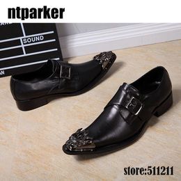 Big Sizes 45/46 Men Dress Shoes Black with Decorative Metal Tips Genuine Leather Italian Style Slip On Party Black Shoe