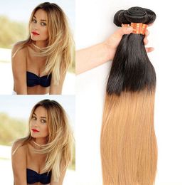 Brazilian Ombre Straight Blonde Human Hair 4 Bundles Two Tone 1B27 Virgin Hair Weave Cheap Ombre Honey Blonde Human Hair Extensio8308681