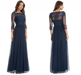Dark Navy Elegant Sheer Long Sleeve Mother of the Bride Dresses Lace Appliques A Line Tulle Long Evening Gowns Custom Made Mother Dresses
