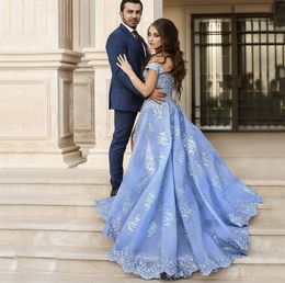 Designer Vestidos De Formature Off the Shoulder Appliqued Lace Prom Dresses Side Slit Blue Evening Gowns Plus Size Acceptable