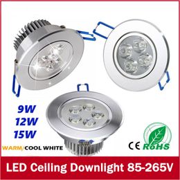 FREE SHIPPING 9W 12W 15W LED Ceiling Downlight Recessed LED Wall lamp Spot light With LED Driver For Home Lighting AC85V-265V