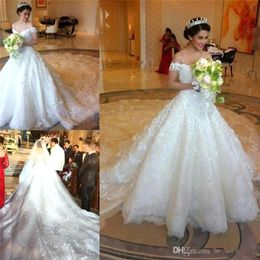 Glamorous Beaded Cathedral Train Wedding Dresses Lace Bridal Gowns Off The Shoulder Applique Bridal Dress Customize vestidos de novia