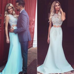 New Arrival Glamorous Light Blue Satin Mermiad Prom Dresses Applique Beaded O-Neck Court Train Prom Party Gowns