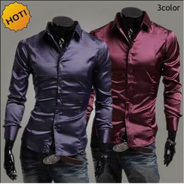 Hot 2017 Spring Autumn Emulation Silk shiny leisure men's Long-sleeve Dress shirts Mens silky wine red/purple/black Tuxedo Shirt
