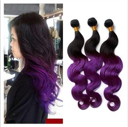 1B/Purple 2Tone Ombre Virgin Malaysian Human Hair 3Bundles Body Wave Wavy Dark Roots Purple Ombre Malaysian Hair Weaves Extensions 3Pcs Lot