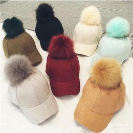 2017 Spring Autumn Women Faux Fur Pom Pom Suede Baseball Cap Female Candy Colour Pompon Snapback Sun Hats