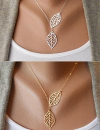 2017 Hot sales Women Simple European New Fashion Vintage Punk Gold Hollow Two Leaf Leaves Pendant Necklace Clavicle Chain Charm Jewellery