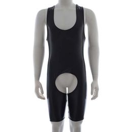 Black Open Crotch Leotard Men Catsuit Sexy Sleeveless Bodysuit One Piece Teddies Male Night Party Lingerie Clubwear