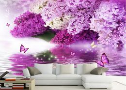 Photo Customise size 3D Classic Home Decor Purple flower water language reflection butterfly background wall