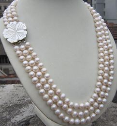 3 ROW 9-10MM natural Akoya south sea white Pearl Necklace 17-19'' clasp