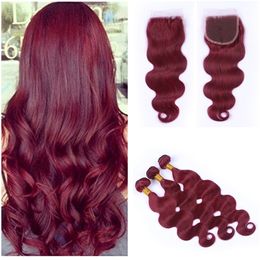 8A Grade Brazilian 99J Burgundy Hair Weaves With Lace Closure Wine Red Body Wave Human Hair Bundles With 4X4 Lace Closure 4Pcs Lot