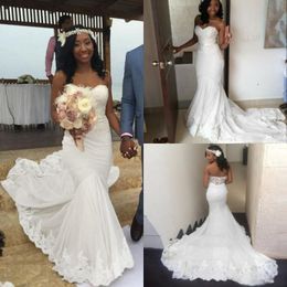 Simple White Beach Wedding Dresses Sweetheart Lace And Chiffon Mermaid Summer Bridal Gowns Sweep Train African Cheap Wedding Dress