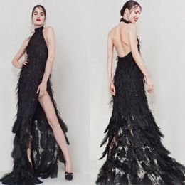 Luxury Cristinasavulescu Side Split Feather Black Cocktail Dresses Sleeveless Halter Backless A Line Sexy Sweep Train Prom Gown