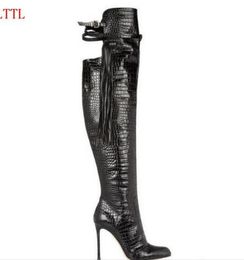 2017 Fashion Women Thigh High Boots Alligator Women Fringe Boots Pointed Toe Thin High Heels Tassel Shoes for Women