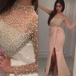 Charming Heavy Beading Prom Dresses Illusion High Neck Long Sleeves Mermaid Evening Gowns Pearls Beaded Satin Front Split Vestidos