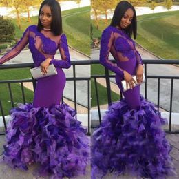 Purple Long Sleeves Mermaid Prom Dresses 2k17 Lace Appliques Ruched Organza Evening Gowns Sheer Back Floor Length Formal Party Dress