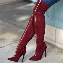 2017 fashion women thigh high boot pointed toe booties high heels boots over knee high boots wine red suede boots party shoes women