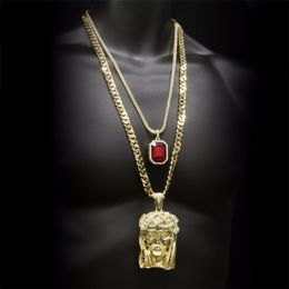 Hip hop Golden Crowned Jesus Head Pendant Jewellery Sets Square Gem Crystal Double Pendants Necklaces Set Cuban chain