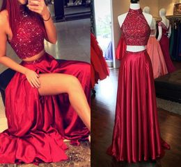 2017 Two Pieces Prom Dresses High Neck Crystal Beaded Satin Burgundy Dark Red Side Split Hollow Back Long Formal Party Dress Evening Gowns