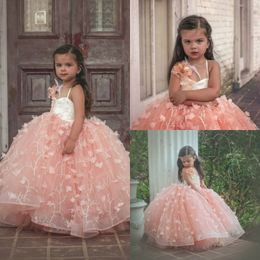 Blush 3D Floral Appliques Feather Flower Girl Dresses Bead Ball Gown Tulle Vintage Girls Pageant Gowns
