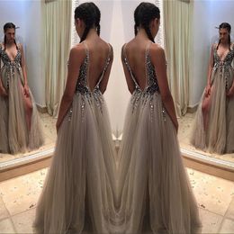 Deep V Neck Long Prom Dress Front Split Sparkly Bodice Backless Graduation Evening Party Gown Plus Size Custom Made