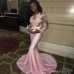 Pink Mermaid Girl Long Mermaid Prom Dresses Long Sleeves Sexy V Neck Sheer Bodice African Prom Party Gowns Jersey Custom Made New