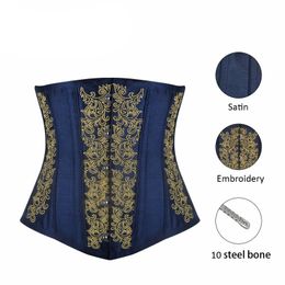 Women Brocade 10 Steel Boned Underbust Satin Padded Lace up Corset Slimming Waist Trainer Gothic Sexy Steampunk Waist Training Corselet