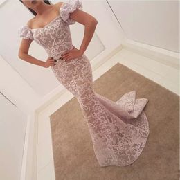 Dusty Pink Mermaid Evening Gowns Off Shoulder Short Sleeve Lace Applique Prom Dresses Sexy Formal Dresses Stylish Tulle Dresses Evening Wear