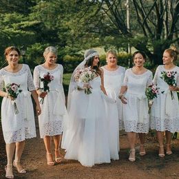 Ivory Lace Boho Modest Wedding Bridesmaid Dresses Short With Half Sleeves A-line Casual Vintage Wedding Bridesmaid Robe Bohemian Custom Made