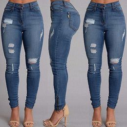 Wholesale- Women Denim Skinny Ripped Pants High Waist Stretch Jeans Slim Pencil Trousers
