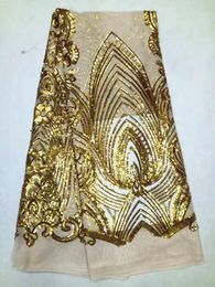5 Y/pc Beautiful beige french net lace fabric with gold sequins decoration african mesh lace for clothes LJ24-1